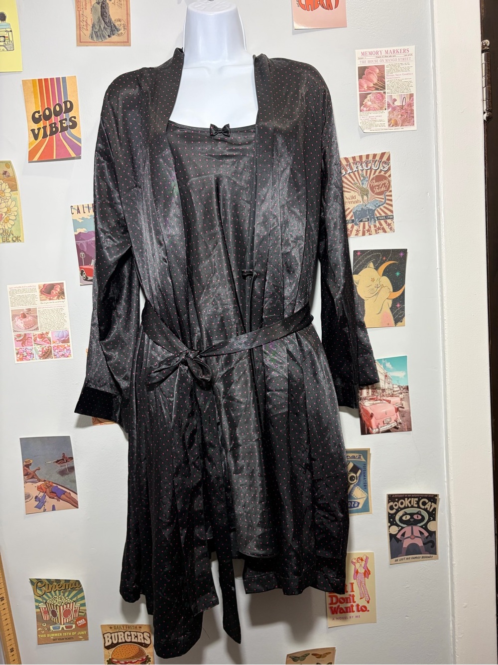 Morgan Taylor Black Satin Robe with Pink Polka Dots